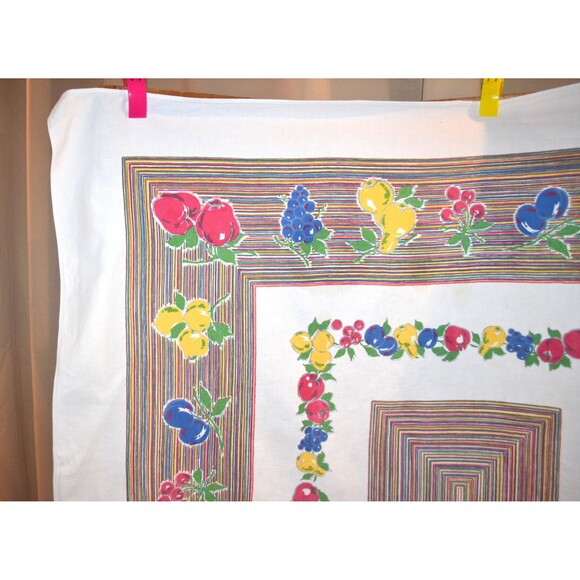 1950s Vintage Tablecloth Fresh Fruit and Stripes on White - Picture 1 of 8